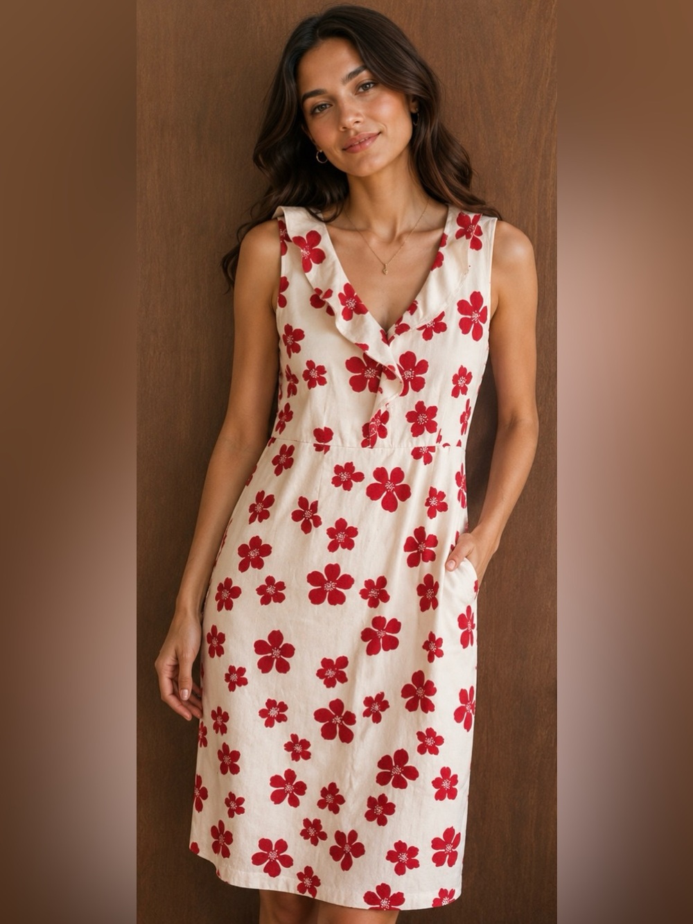 Pure Linen Sleeveless Cream Dress with Red Floral Print.